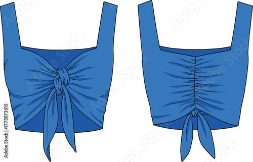 Trendy women crop top front and back view, knotted bow design blouse, sleeveless summer fashion flat sketch illustration