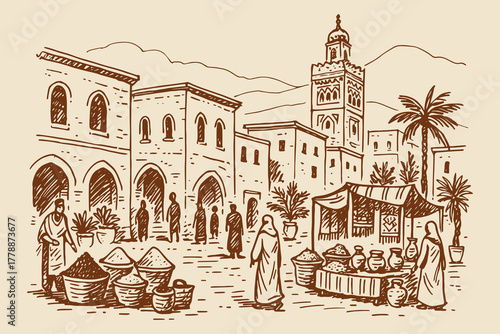 Arabian market with minaret, hand-drawn sketch vector illustration