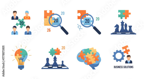 Conceptual business puzzle solving with strategy, analytics, teamwork and innovation, representing