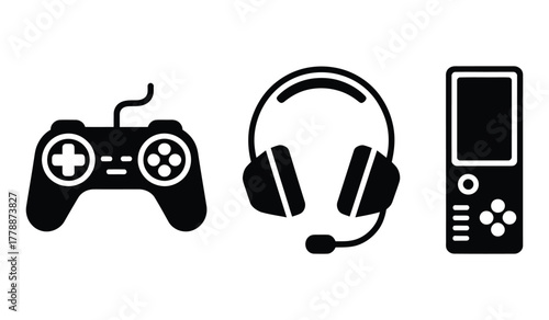 Video Game Console Controller and Headset Icons Gaming Equipment Icons Vector Set