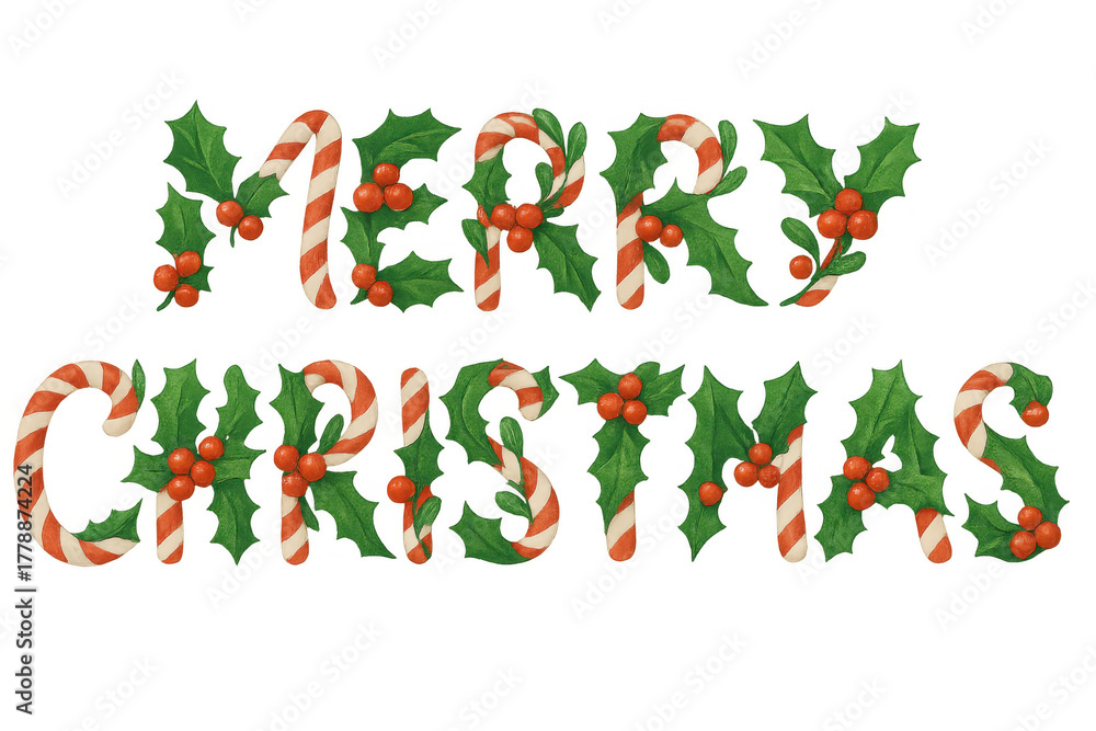 Fototapeta premium Merry christmas text formed by festive candy canes, holly leaves, and red berries, creating a joyful holiday greeting on transparent background