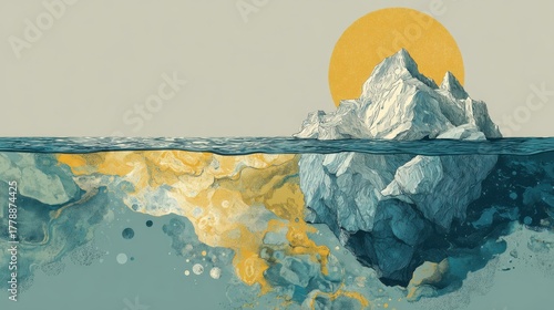 Mountainous Iceberg with Sun Setting Over Calm Ocean Waters