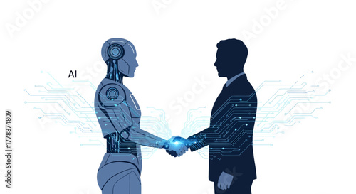 Futuristic partnership between human and AI robot promises innovation and efficiency shaking hands, symbolizing harmony and progress in technology sector