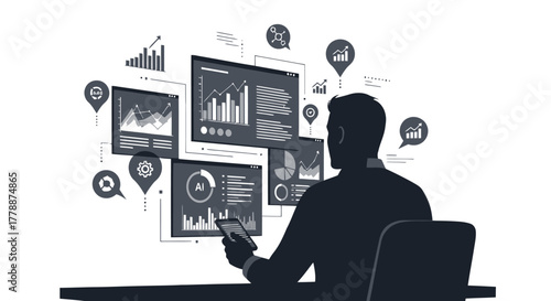 Data analyst monitoring business performance metrics and growth trends using AI dashboards on tablet, showcasing analytics and digital transformation