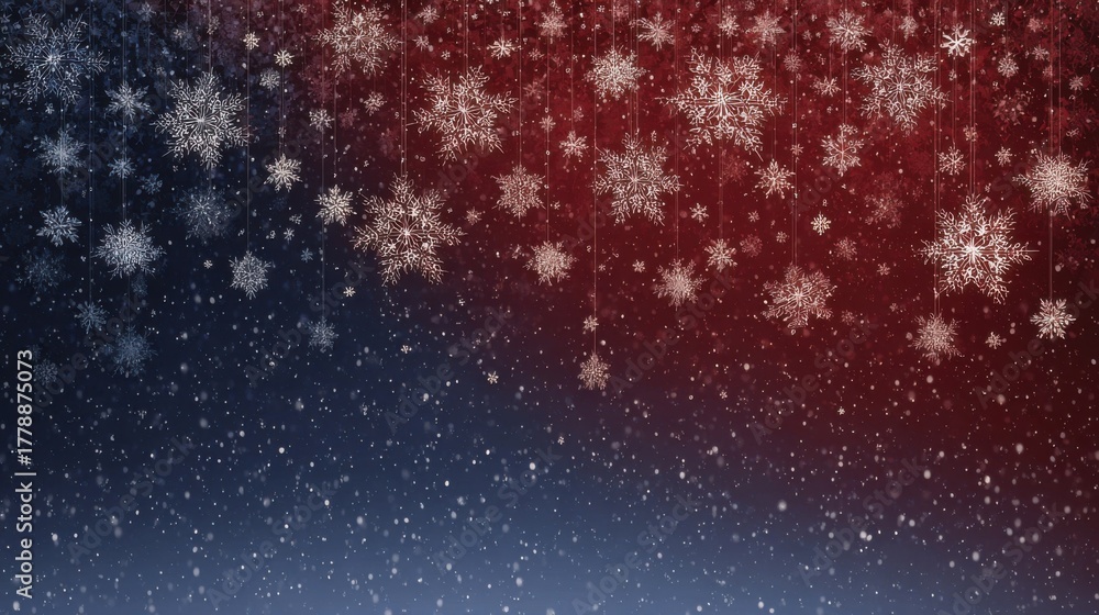 Obraz premium Elegant Snowfall Background with Red and Blue Gradients and Snowflakes