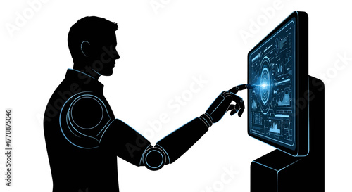 Futuristic humanoid interacting with cutting edge tech interface, exploring AI and data visualization, modern robotics, connection, automation, cybernetics