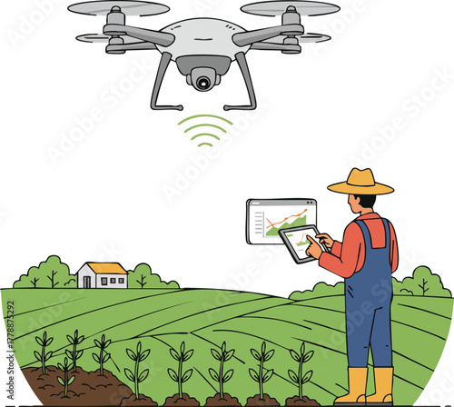 A farmer uses a drone and tablet to monitor crops in a field with a house and trees in the background.