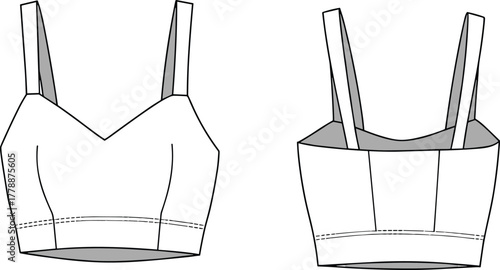 Stylish women’s cropped camisole top with wide straps, fitted bust seams, back panel design, modern fashion flat sketch illustration