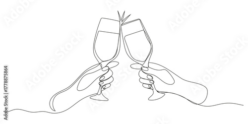 Continuous one line drawing of cheers two glasses with red wine. Single line drawing illustration Hands hold wine clinking glasses. Wine glass concept vector art. Doodle line illustration.