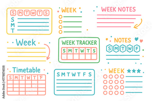 Week planning silhouette icon set. featuring weekly timetable, notes, and trackers