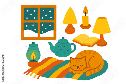 Cozy home flat icon set. featuring window, cat, teapot, lamp, candle, book, and rug