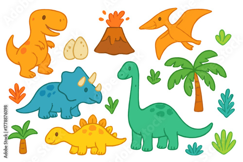 Dinosaur flat icons set. featuring t-rex, triceratops, pterodactyl, volcano, eggs, sauropod, palm trees