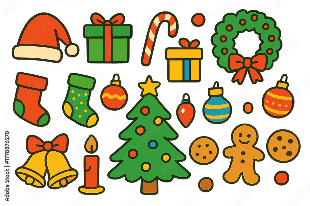 Fototapeta premium Christmas celebration flat icon set. featuring santa hat, gift, candy cane, wreath, stocking, tree, ornament, gingerbread, candle, bells