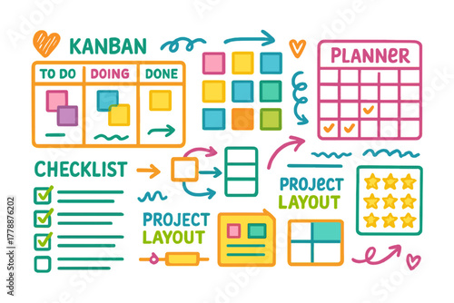 Productivity flat icon set. featuring kanban, checklist, planner, project layout, and task management symbols