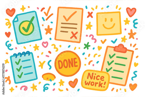 Feedback and review flat icon set. featuring checklist, approval, smiley, notes, and rating symbols