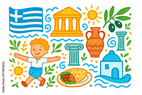 Greek culture flat icons set. featuring flag, temple, sun, olives, vase, child, pillar, and house symbols
