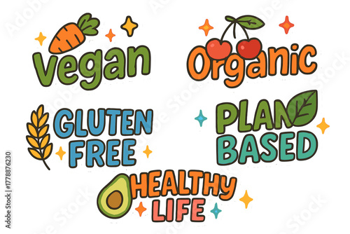 Healthy lifestyle flat icons set. featuring vegan, organic, gluten-free, plant-based, healthy life