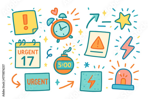 Emergency alert flat icon set. featuring alarm, warning, urgent, bomb, clock, star, and lightning symbols.