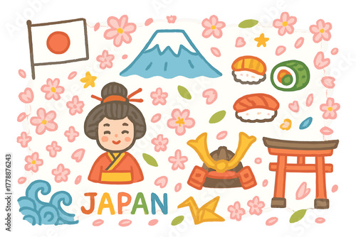 Japanese culture flat icons set. featuring geisha, sushi, mount fuji, torii gate, samurai helmet, origami, cherry blossoms