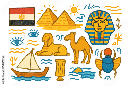 Egyptian elements flat icon set. featuring pyramid, sphinx, pharaoh, flag, camel, beetle, nile, and sun symbols
