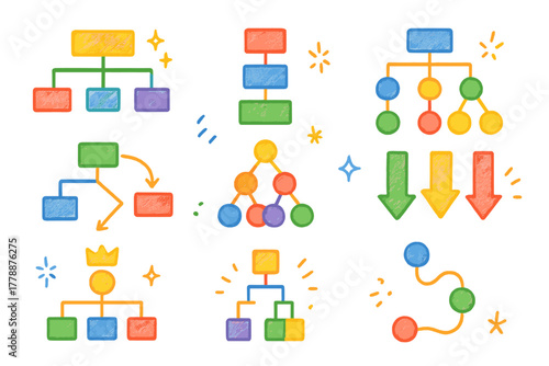 Flowchart silhouette icon set. featuring tree, hierarchy, process, network, arrows, and diagram symbols