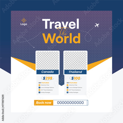 Square travel social media post design for tourism agency and holiday package promotion
