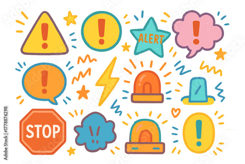 Alert symbols flat icon set. featuring stop sign, exclamation mark, siren, lightning, alert star