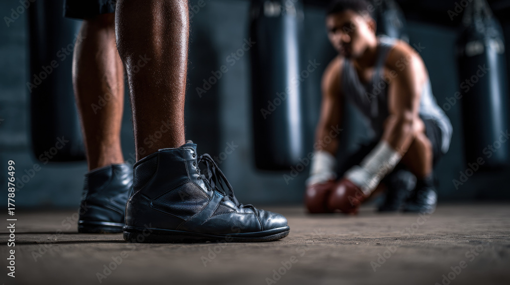 Fototapeta premium Boxing shoes training fitness athlete gym workout punching bag focus determination sports