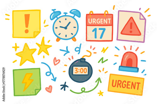 Urgency silhouette icons set. featuring alert, clock, calendar, deadline, lightning, and siren symbols