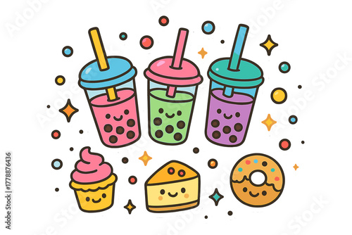 Food flat icon set. featuring bubble tea, cupcake, cake slice, and donut