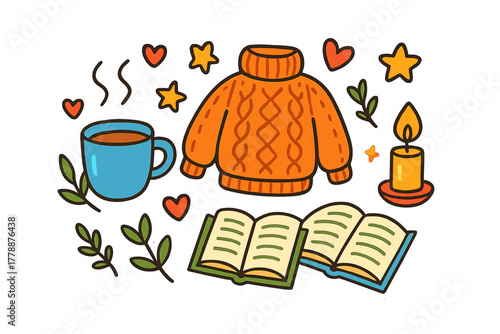 Autumn cozy flat icon set. featuring sweater, hot drink, candle, open book, stars, and leaves
