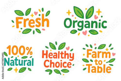 Organic food label flat icons set. featuring fresh, organic, 100 natural, healthy choice, farm to table.