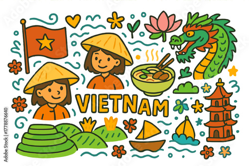 Vietnam culture flat icons set. featuring flag, hat, dragon, temple, lotus, and boat symbols