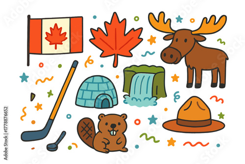 Canada flat icon set. featuring flag, maple leaf, moose, igloo, waterfall, beaver, hockey stick, and ranger hat