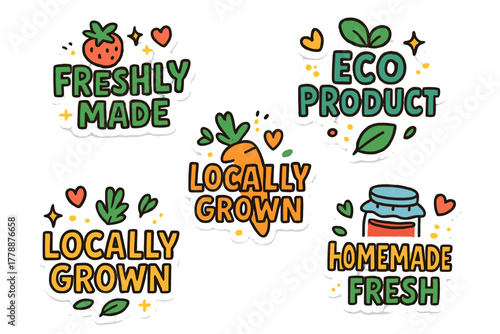 Organic food flat icons set. featuring freshly made, eco product, locally grown, homemade fresh symbols