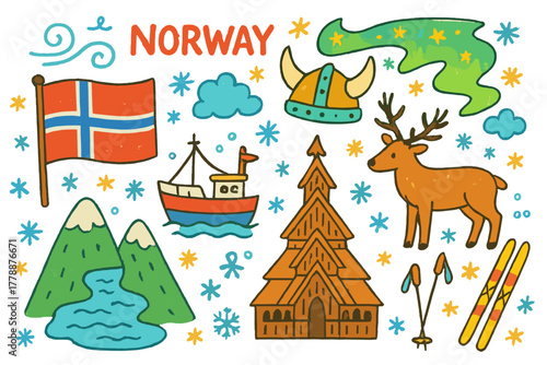 Norway theme flat icon set. featuring flag, boat, viking helmet, mountain, stave church, reindeer, northern lights, skis