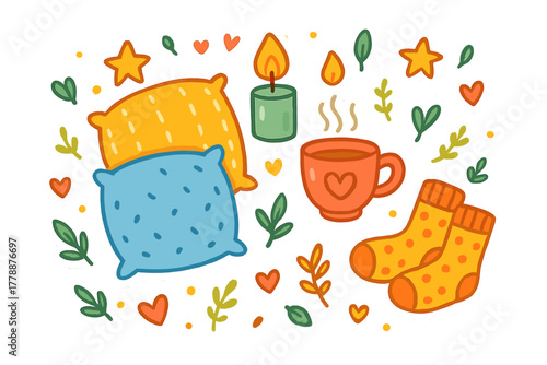 Home comforts flat icons set. featuring pillow, candle, mug, socks, stars, and leaves symbols