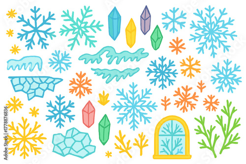 Winter elements flat icon set. featuring crystals, snowflakes, icebergs, window, and frost patterns