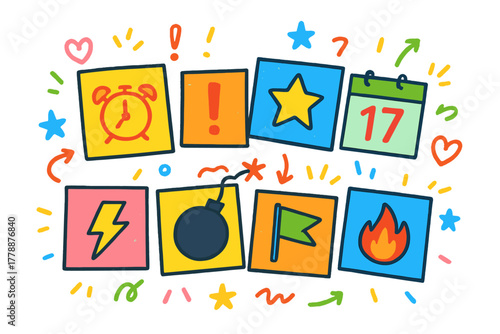 Event and alert flat icon set. featuring alarm, star, calendar, lightning, bomb, flag, and fire symbols