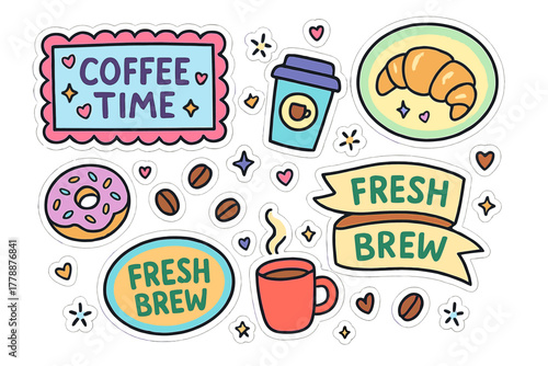Coffee shop flat icon set. featuring coffee cup, croissant, donut, fresh brew, coffee beans symbols