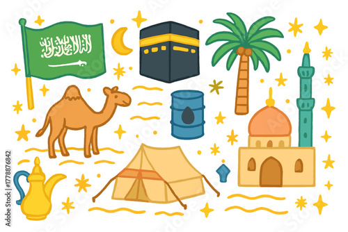 Arabic culture flat icon set. featuring mosque, camel, tent, palm, oil barrel, and lantern symbols