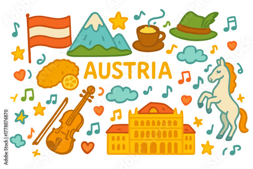 Austria-themed flat icon set. featuring flag, mountain, coffee, hat, schnitzel, violin, horse, opera house symbols