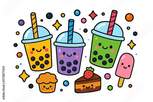 Food and drink flat icon set. featuring bubble tea, muffin, cake, ice cream, and snack symbols