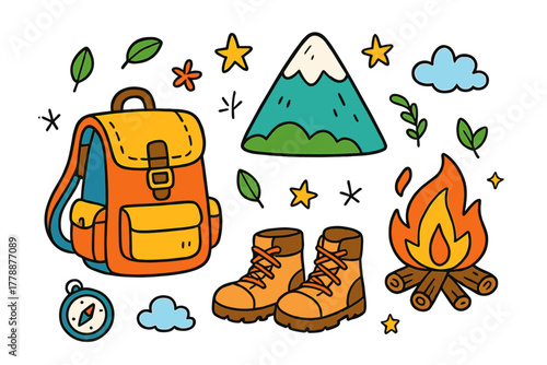 Camping and hiking flat icon set. featuring backpack, mountains, boots, campfire, compass, and cloud symbols