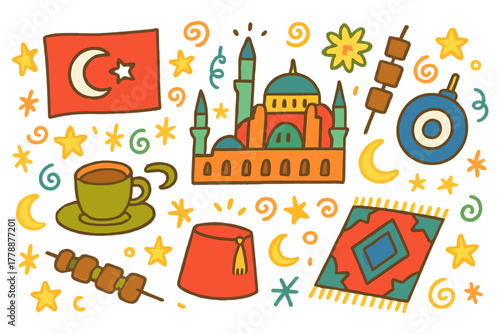 Turkish culture flat icons set. featuring flag, tea, mosque, evil eye, rug, and kebab symbols