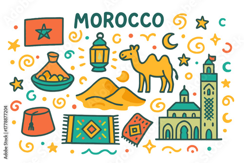 Moroccan culture flat icon set. featuring flag, lantern, camel, minaret, fez, rug, and traditional food symbols