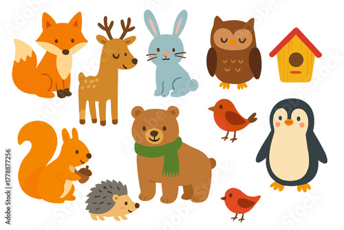 Woodland animals flat icon set. featuring fox, deer, rabbit, owl, squirrel, hedgehog, bear, bird, penguin, birdhouse