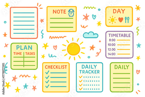 Organizational tools flat icon set. featuring note, day, timetable, plan, checklist, and daily tracker symbols