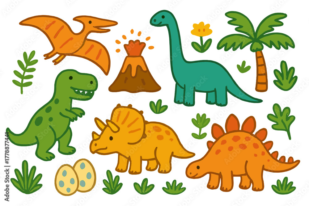 Obraz premium Dinosaurs and nature flat icons set. featuring t-rex, brachiosaurus, triceratops, volcano, palm tree, eggs