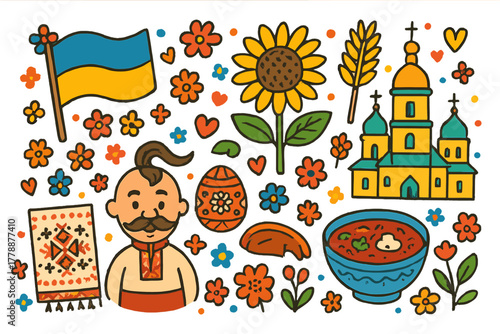 Ukrainian culture flat icon set. featuring flag, sunflower, wheat, church, embroidery, man, egg, bread, flowers, soup